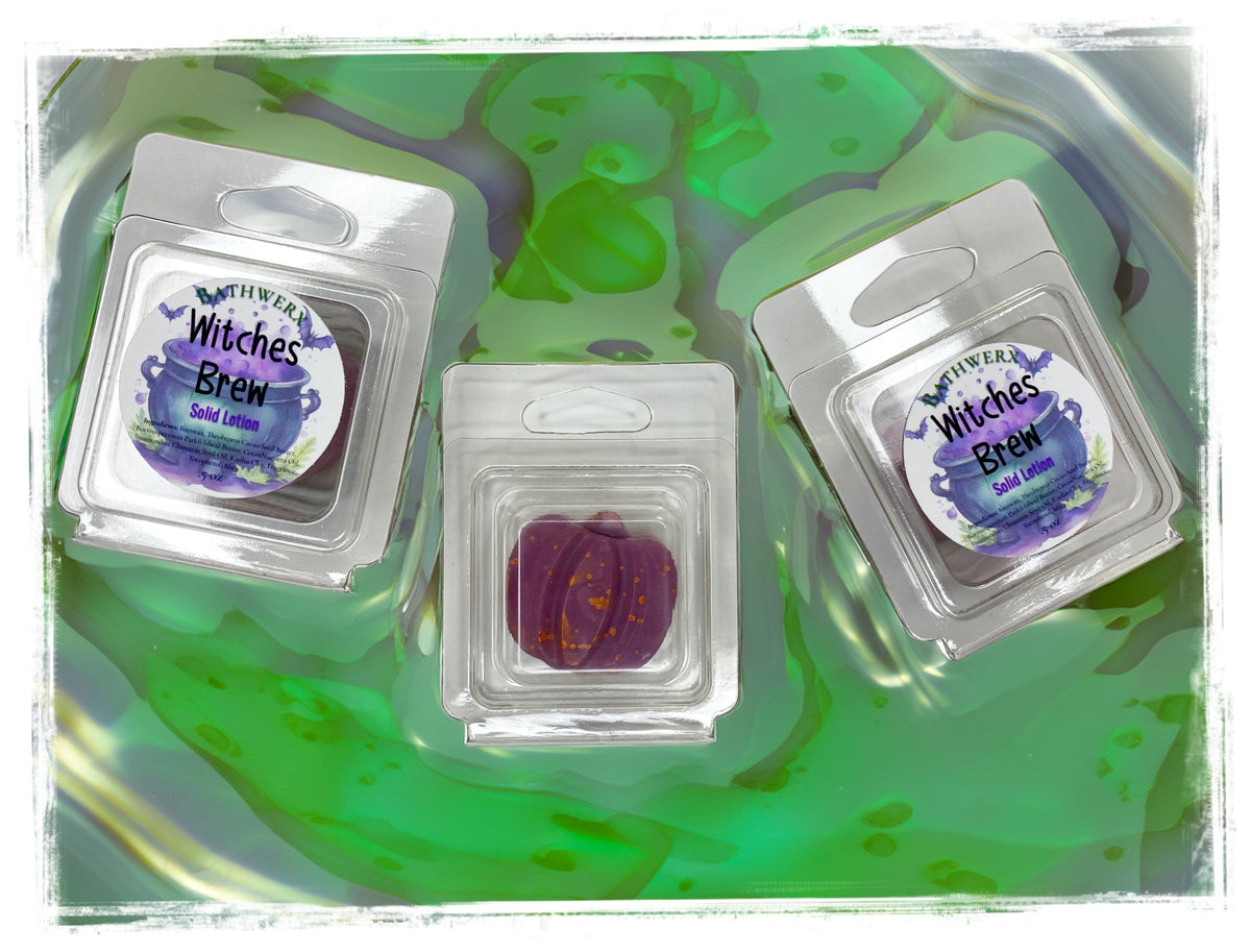 Witches Brew solid lotion bar with a playful Halloween design, handmade by BathWerx.