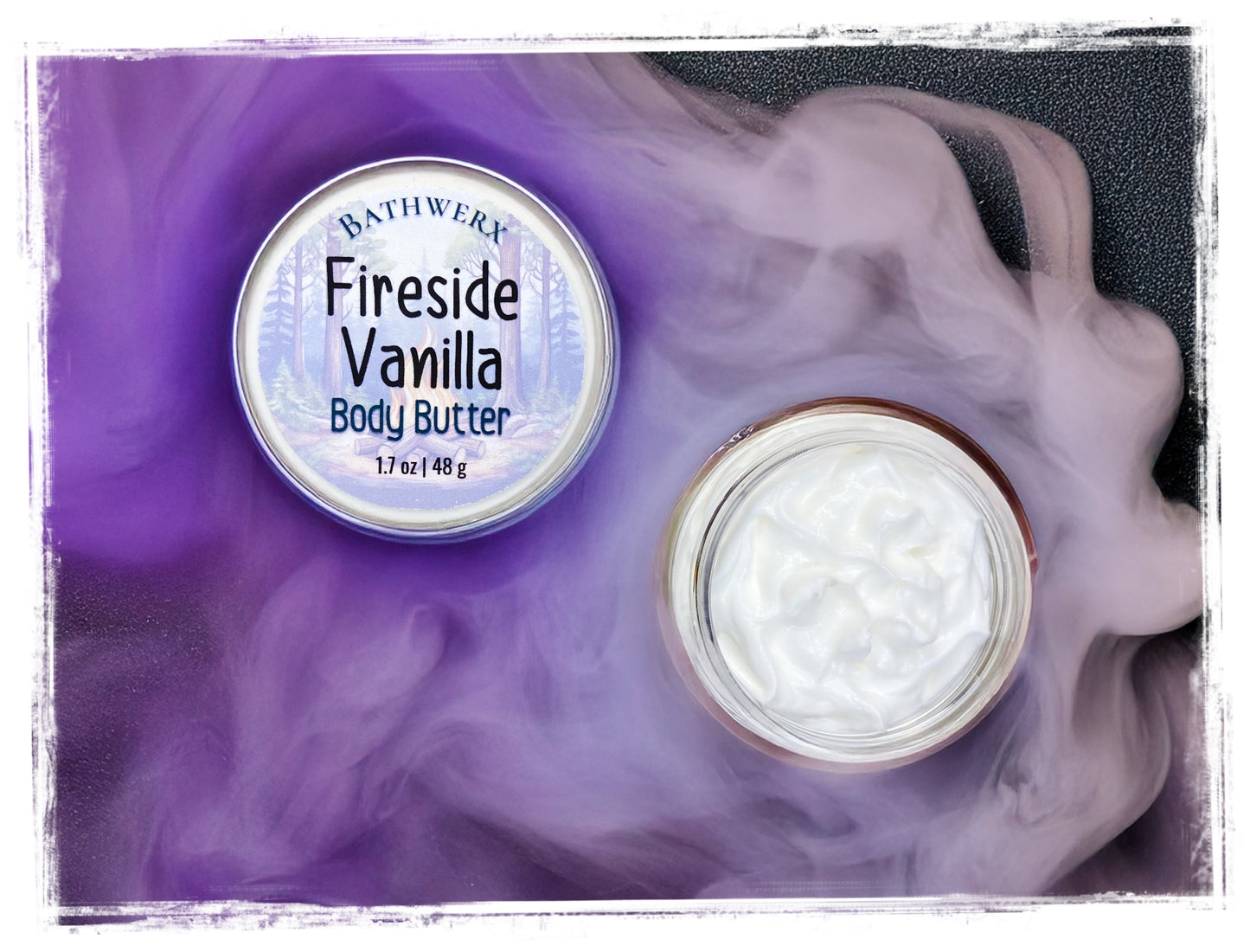 Bath and Body Works Fireside Vanilla body butter with packaging on a purple smoke background