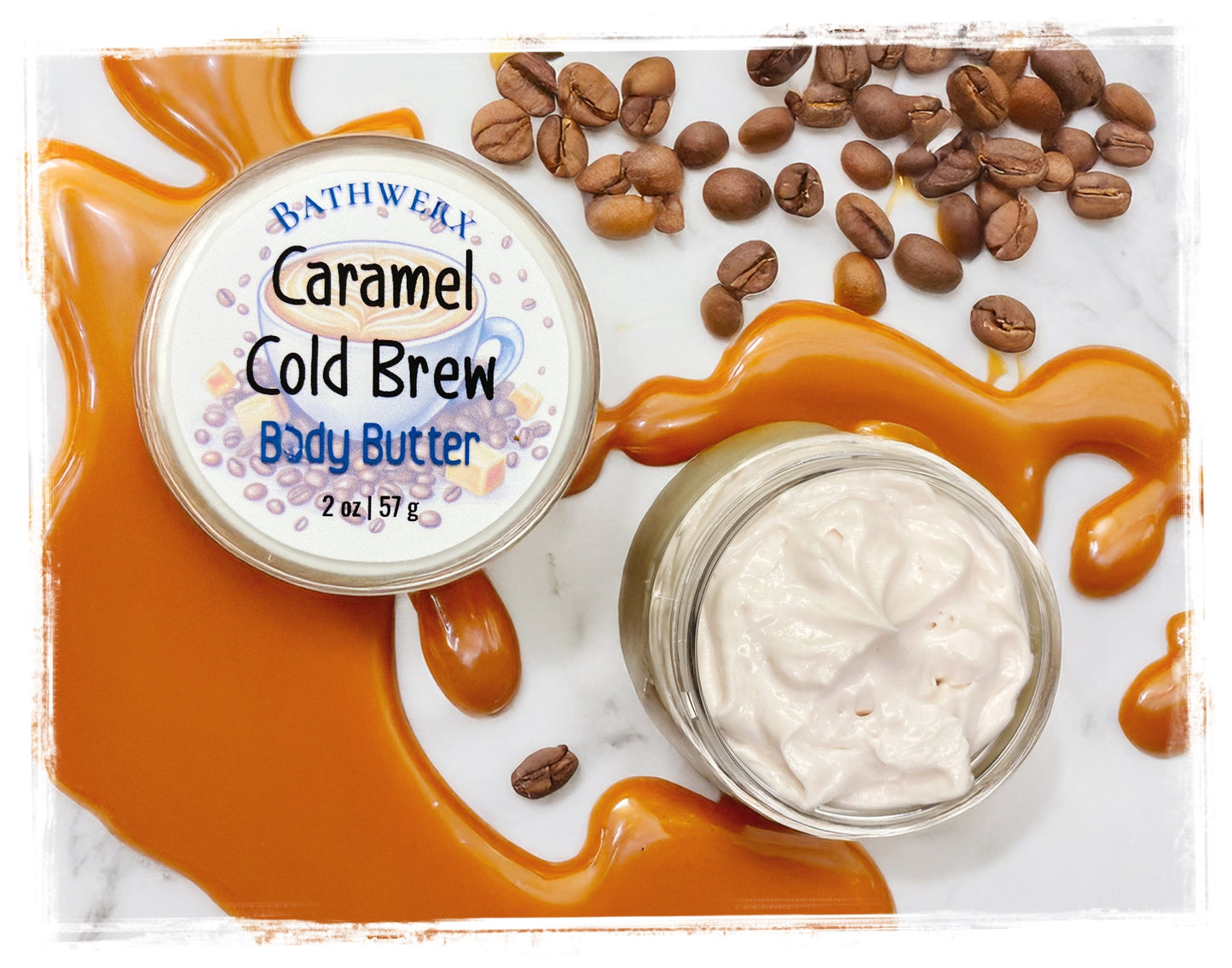 Bathwerx Caramel Cold Brew Body Butter packaging with coffee beans and caramel syrup.