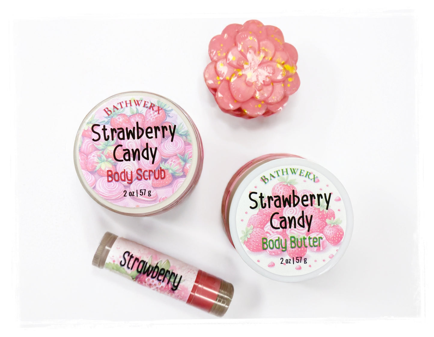Gift bag contents: A strawberry candy body butter, body scrub, hand soap and a strawberry lip balm.