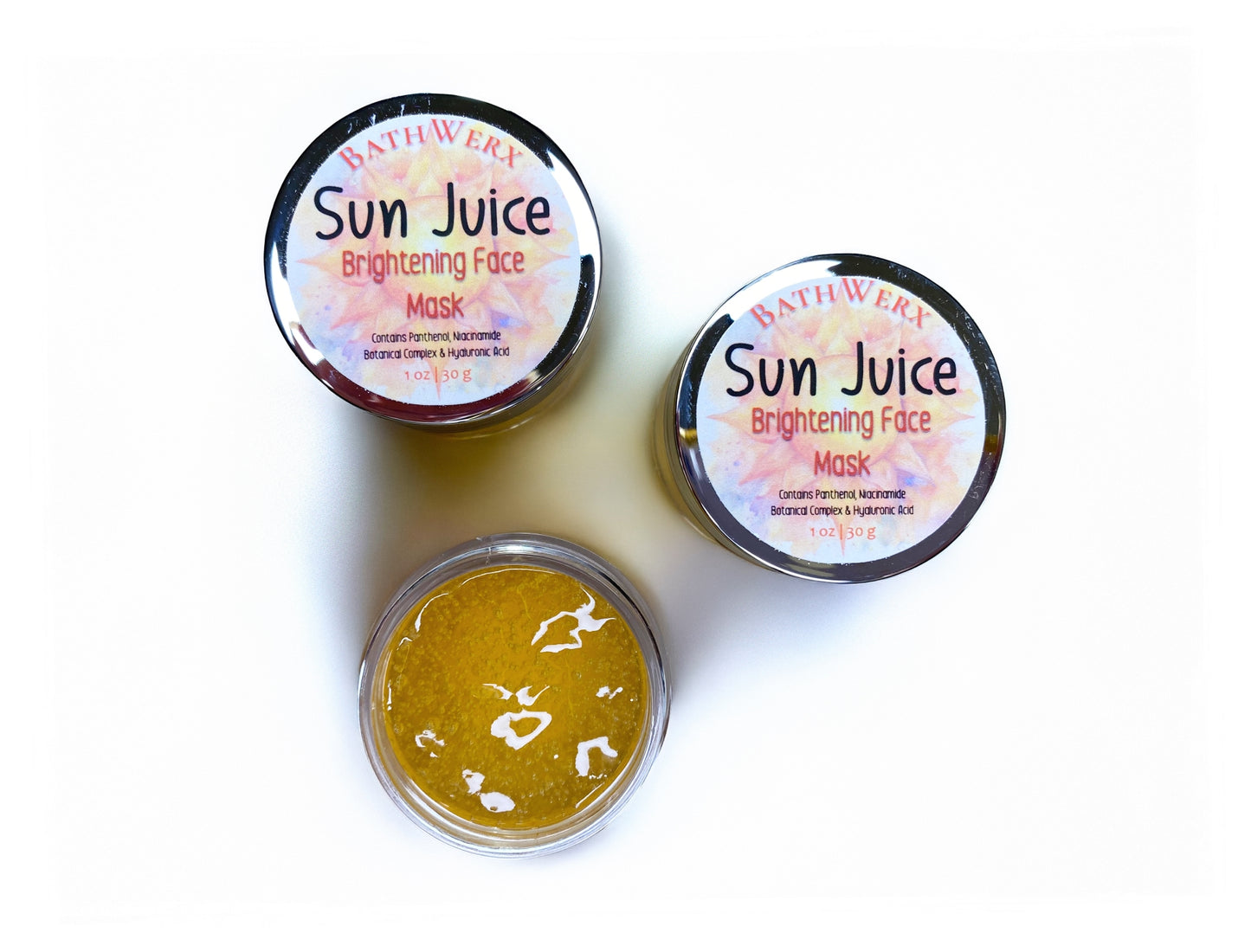 Three jars of 'Sun Juice' brightening face mask from Bathwerx on a white background.