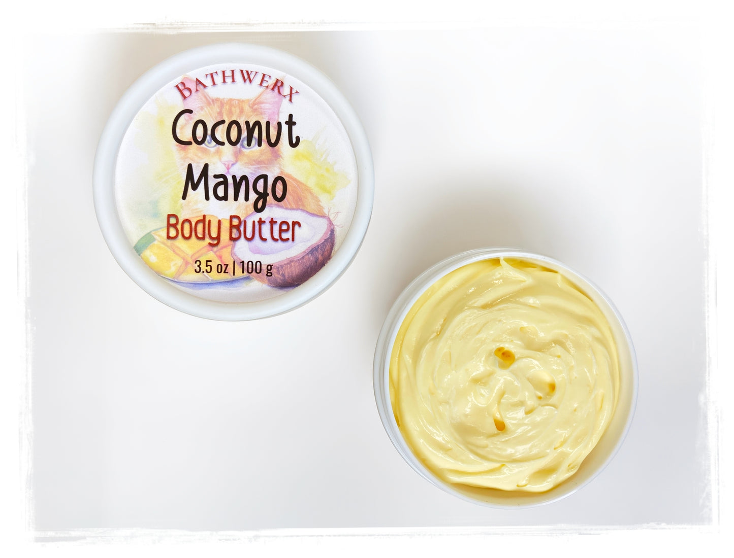 BathWerx Coconut Mango Body Butter jar with cocoa and shea moisturizer