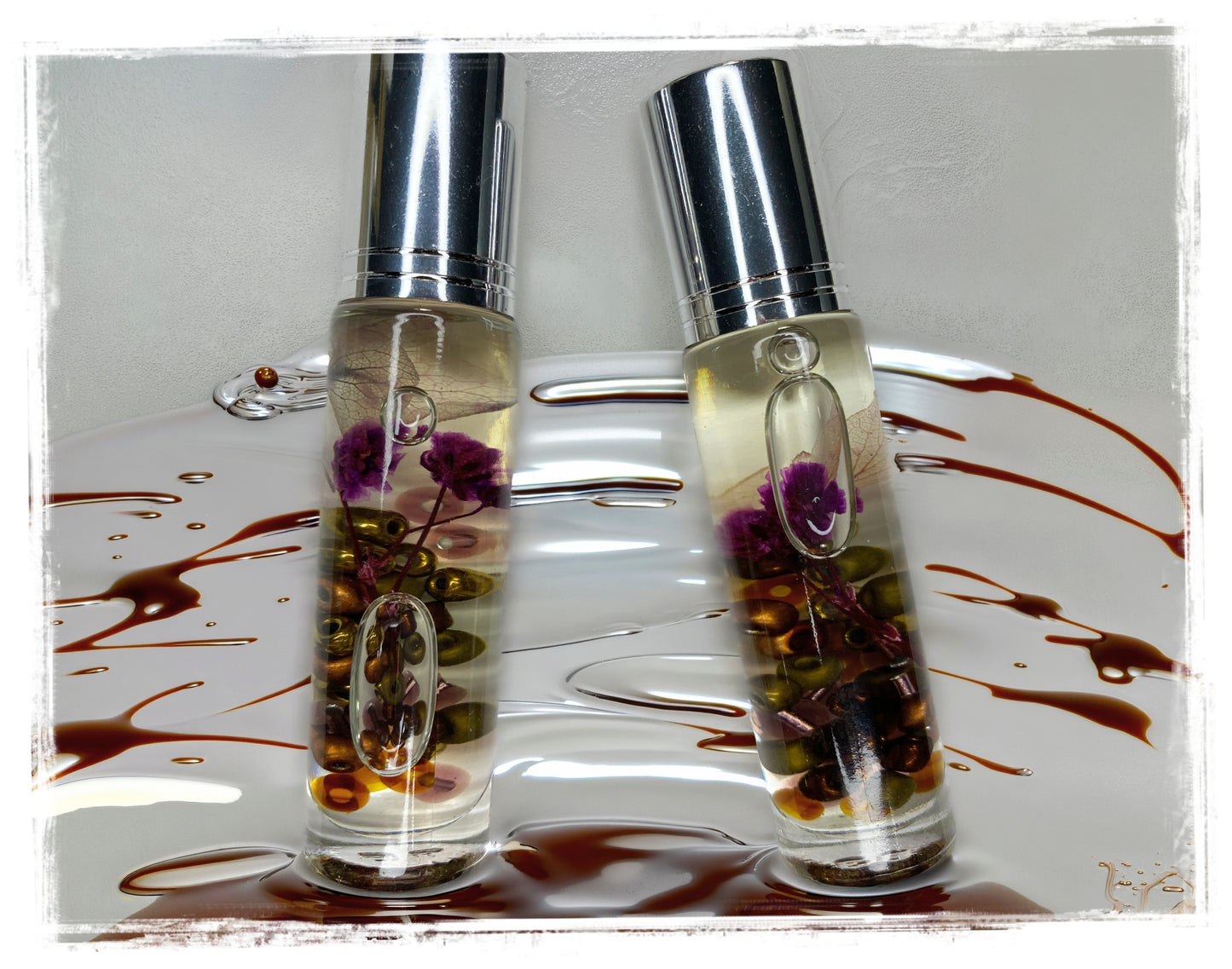 BathWerx Chocolate Bourbon Fall Roll-On Perfume Oil – 10ml glass vial with purple florals and dark beads in rich bourbon drizzle