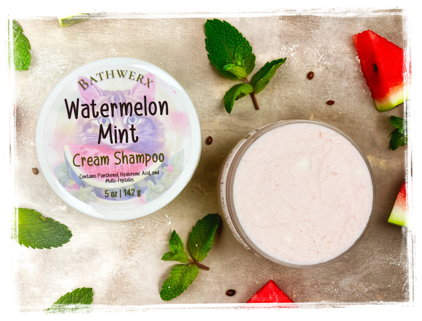 BathWerx Watermelon Mint Cream Shampoo 5oz jar open showing creamy formula with mint and watermelon styling props