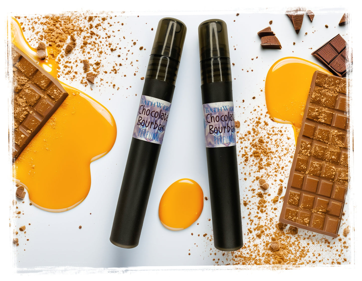 BathWerx Chocolate Bourbon travel-size 10ml perfume spray pens with chocolate bars, caramel drizzle, and cocoa powder styling