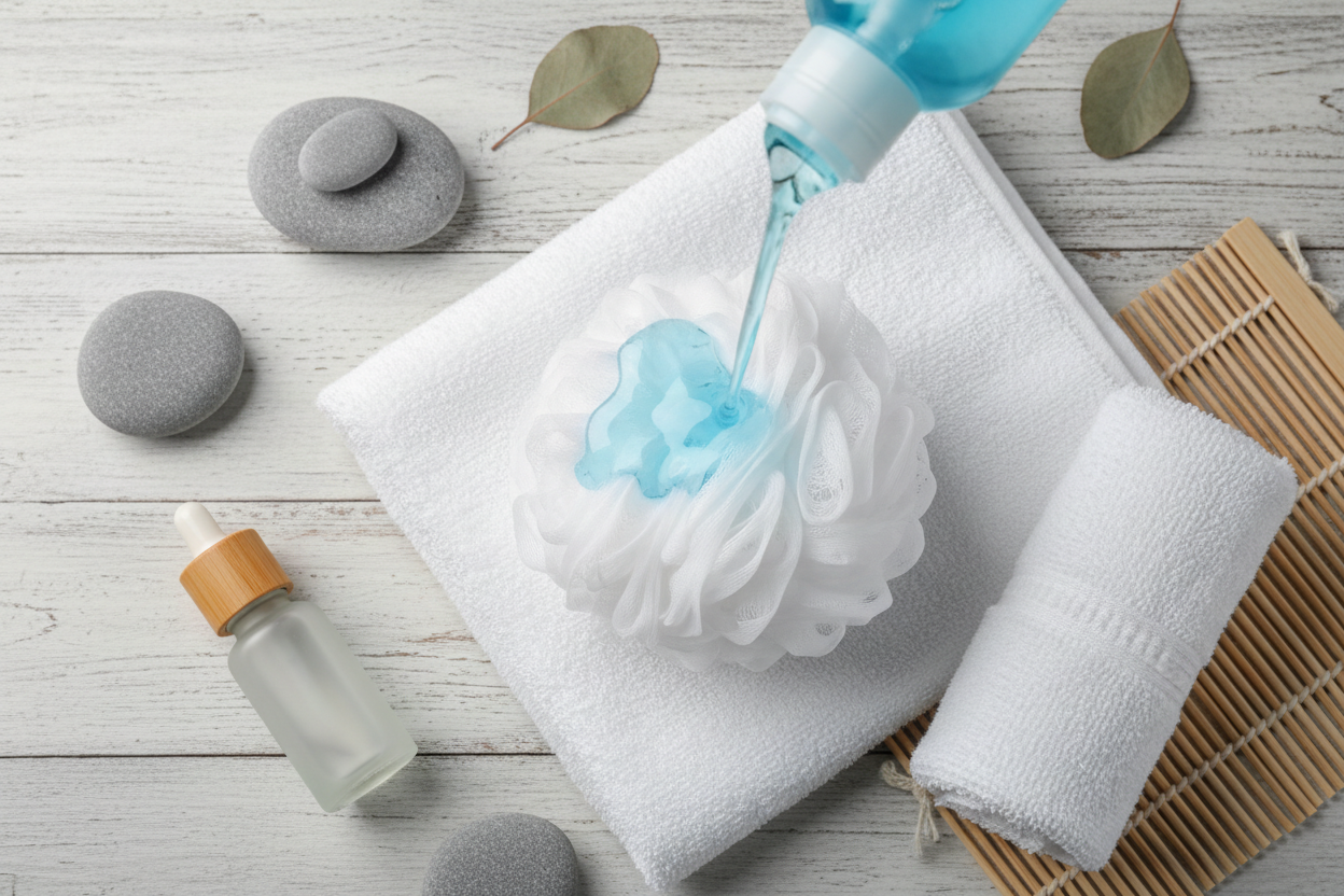 BathWerx clear blue body wash poured onto loofah in spa setting with white towels