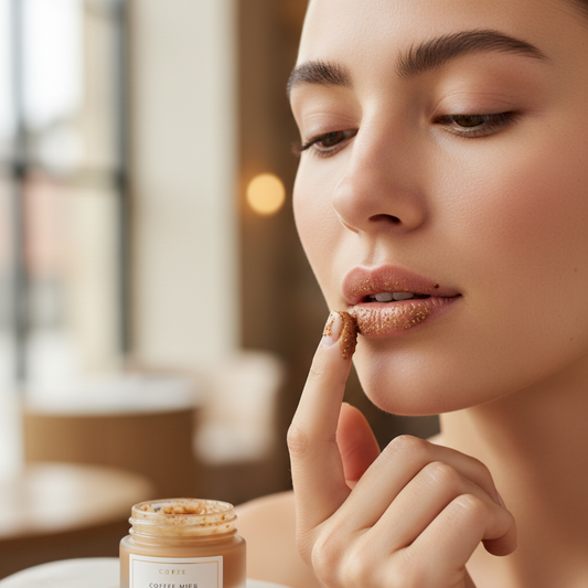 Woman applying brown coffee lip scrub