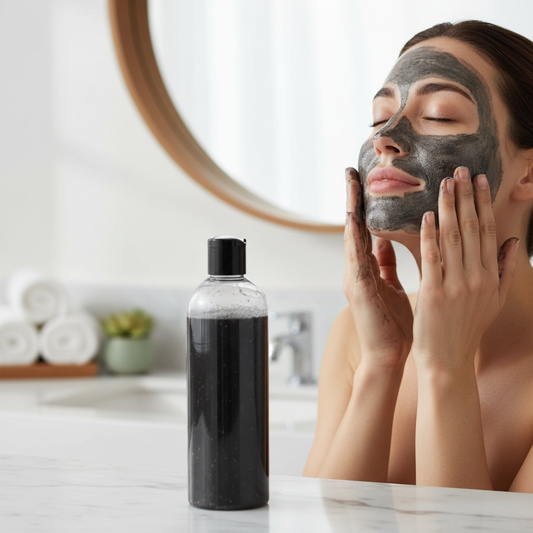 Woman using black charcoal face wash from clear flip-top bottle