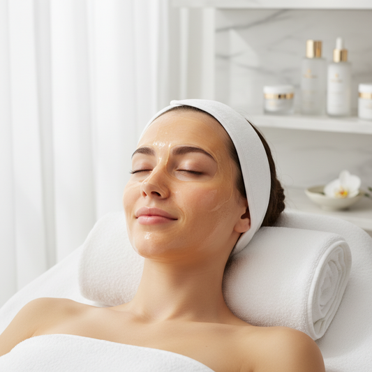 Woman with light orange gel face mask