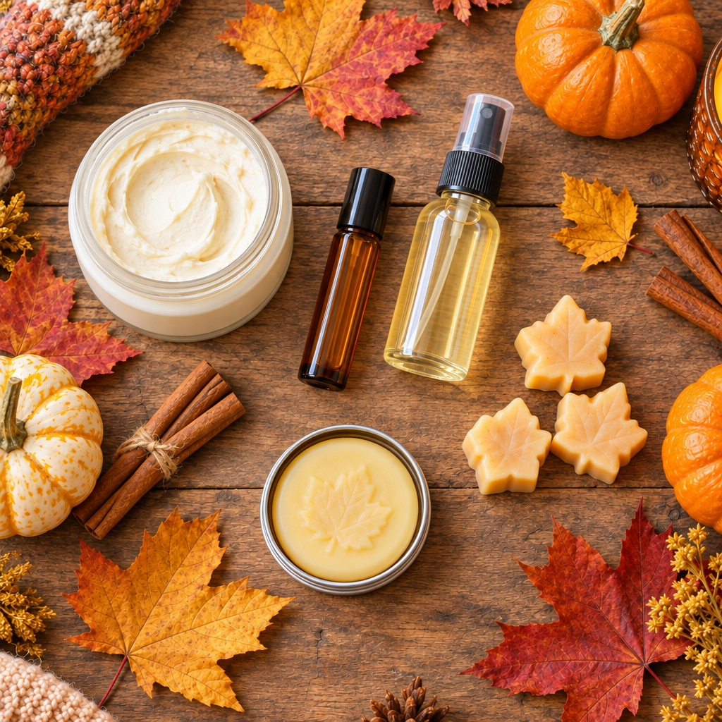 Fall body butter, roll-on perfume oil, and spray perfume flat lay with autumn leaves and mini pumpkins | BathWerx