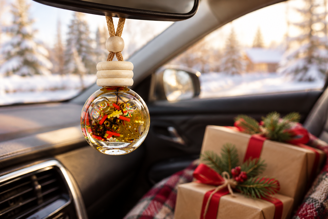 Holiday car charm hanging from a rearview mirror with wrapped Christmas gifts on the passenger seat