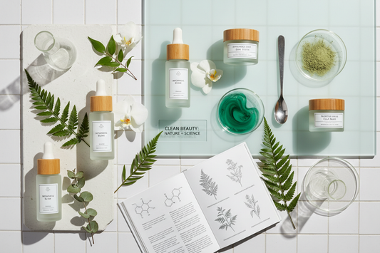 Premium clean beauty products arranged in a spa-inspired flat lay with botanical elements and natural lighting, representing the clean beauty movement