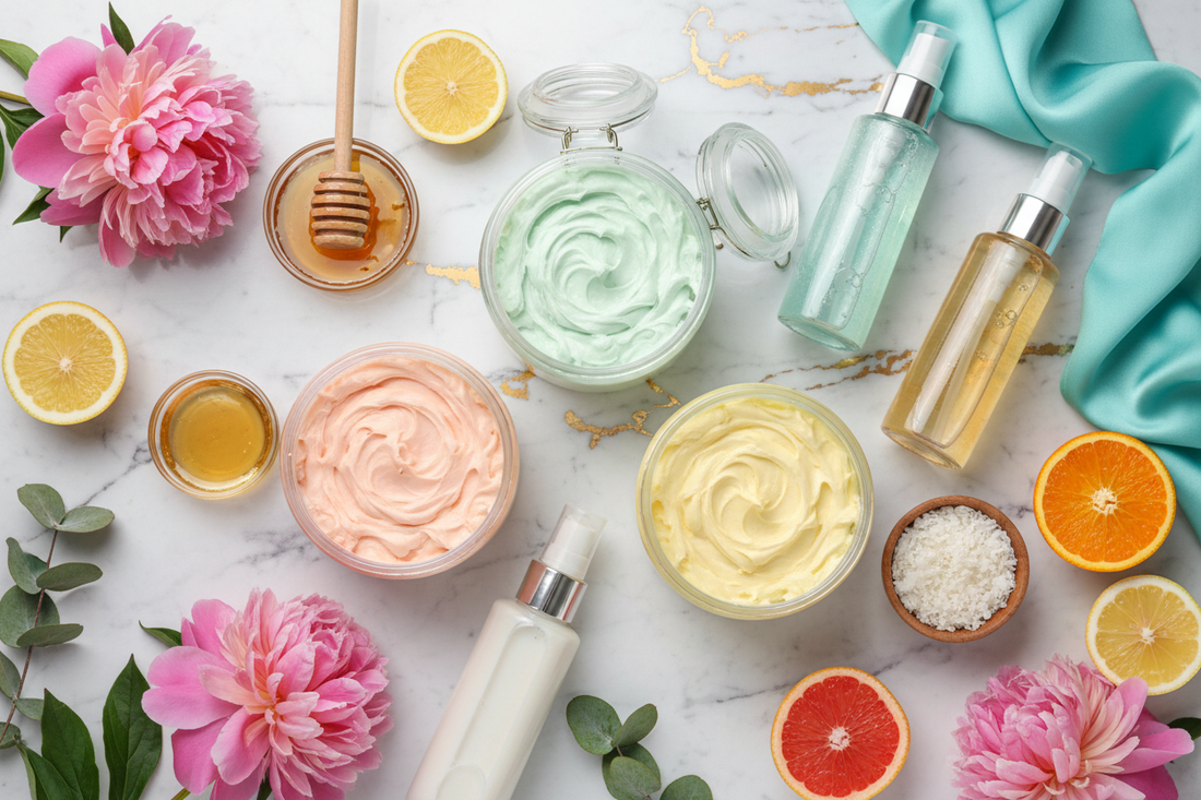 Luxurious body butters in jars and body lotion bottles arranged with lavender and rose petals on white surface showing texture differences