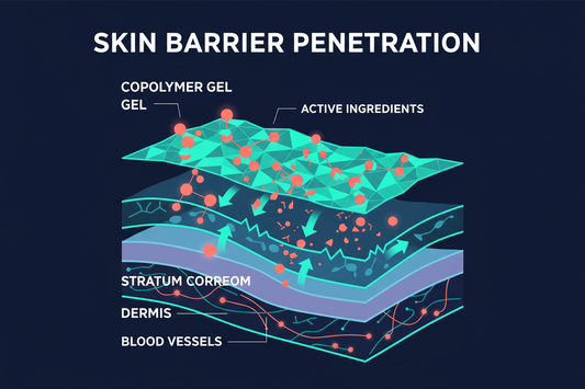 Bold scientific infographic showing copolymer gel molecules releasing active ingredients through the skin barrier layers — stratum corneum, epidermis, and dermis — on a dark navy background.