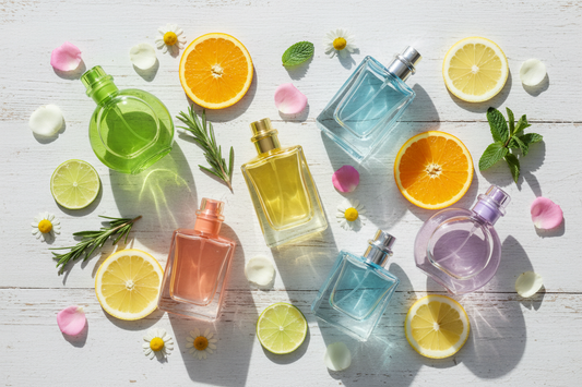 Rainbow of fragrance bottles representing diverse natural and synthetic perfume choices