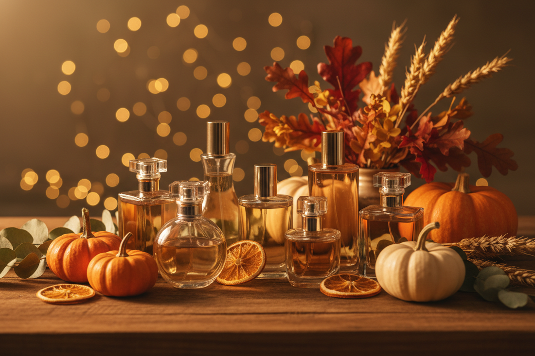 An arrangement of various perfume bottles surrounded by autumn botanicals, pumpkins, and dried orange slices, bathed in warm golden hour light with a soft bokeh background.