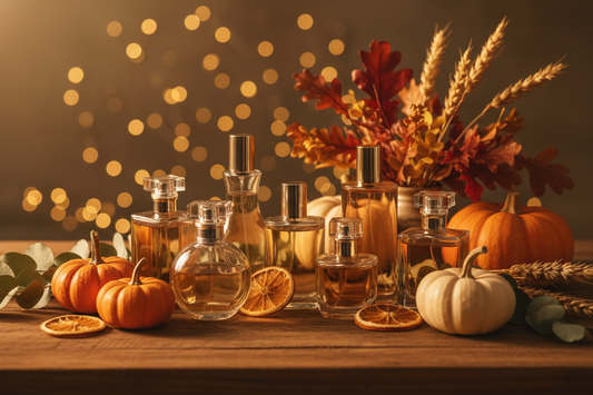 An arrangement of various perfume bottles surrounded by autumn botanicals, pumpkins, and dried orange slices, bathed in warm golden hour light with a soft bokeh background.