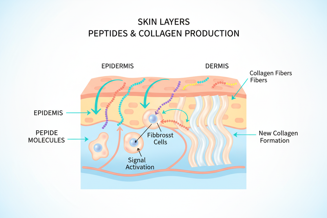 Scientific diagram showing how peptides penetrate skin layers to stimulate collagen production in fibroblast cells