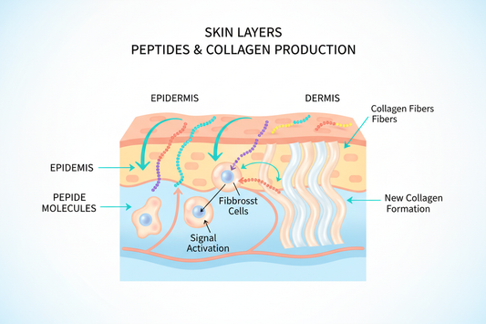 Scientific diagram showing how peptides penetrate skin layers to stimulate collagen production in fibroblast cells