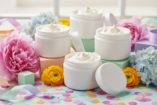 Premium body butter jars with creamy texture visible, arranged on colorful background - BathWerx non-greasy emulsified body butter with shea and cocoa butter