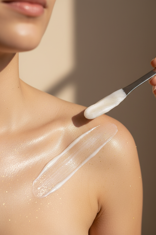 Close-up of a woman applying luminous white gel cream to her shoulder and collarbone, skin glowing with a soft golden shimmer