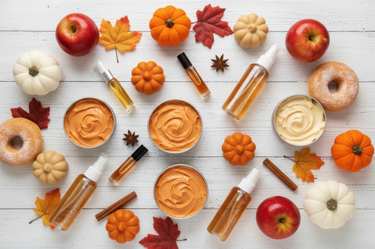 Fall body care flat lay - open butter tins, perfume sprays, roller vials, and pumpkin lotion bars styled with pumpkins, apples, donuts, and autumn leaves on a white wood surface.