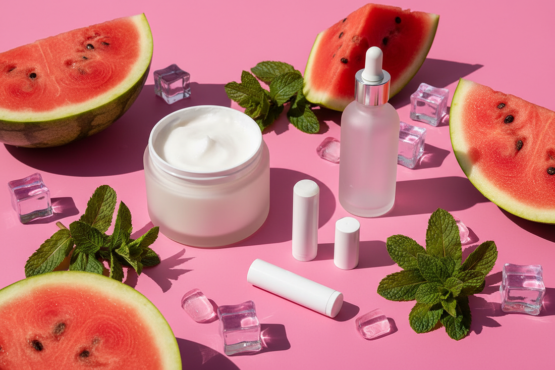 BathWerx Watermelon Mint Collection — body butter, dry oil, lip butter, color changing lip butter, and roll-on perfume arranged on a bright pink surface with fresh watermelon, mint leaves, and ice cubes