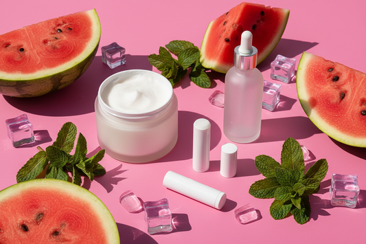 BathWerx Watermelon Mint Collection — body butter, dry oil, lip butter, color changing lip butter, and roll-on perfume arranged on a bright pink surface with fresh watermelon, mint leaves, and ice cubes