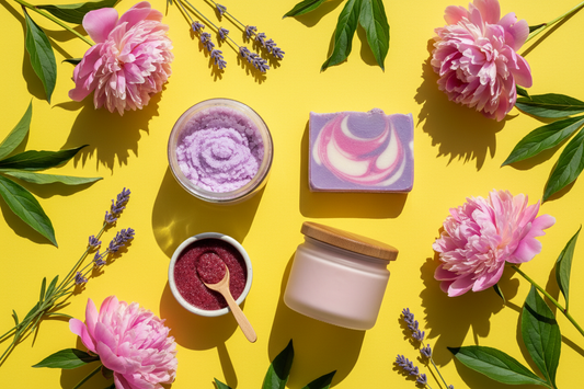 Colorful spring flat lay of BathWerx body scrub, bar soap, body butter, and lip scrub surrounded by lavender sprigs and pink peonies on a sunny yellow background