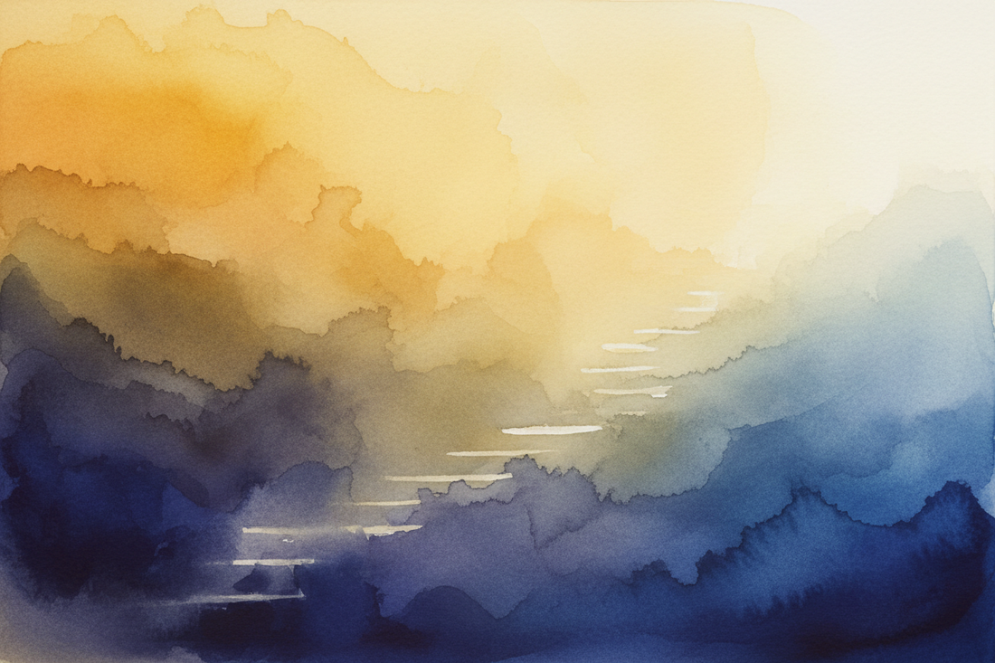 Abstract watercolor image of a faint upward path dissolving into warm golden light against deep indigo — representing the quiet, unseen journey to success.