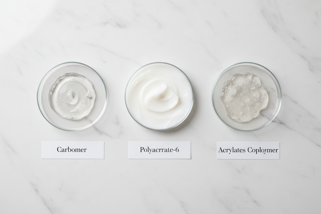 Polymeric emulsifiers in skincare formulation showing molecular structure and emulsion stability