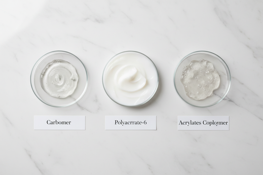 Polymeric emulsifiers in skincare formulation showing molecular structure and emulsion stability