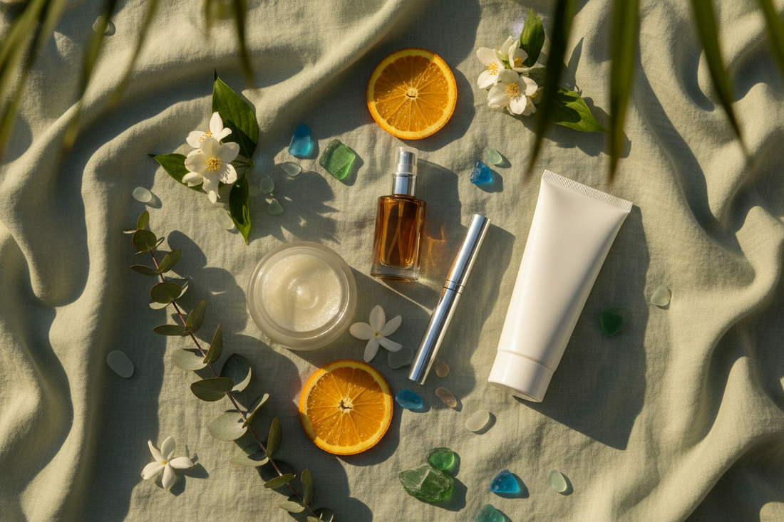 BathWerx summer bath and body products flatlay on sage green linen with eucalyptus, orange slices, white flowers, and sea glass