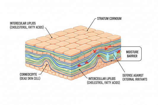 Diagram showing skin barrier structure with stratum corneum, corneocytes, and lipid layers