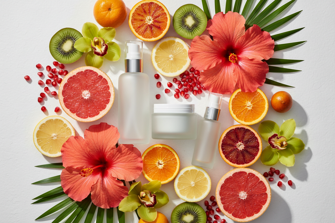 Vibrant tropical flowers including hibiscus and orchids with colorful citrus fruits and skincare products