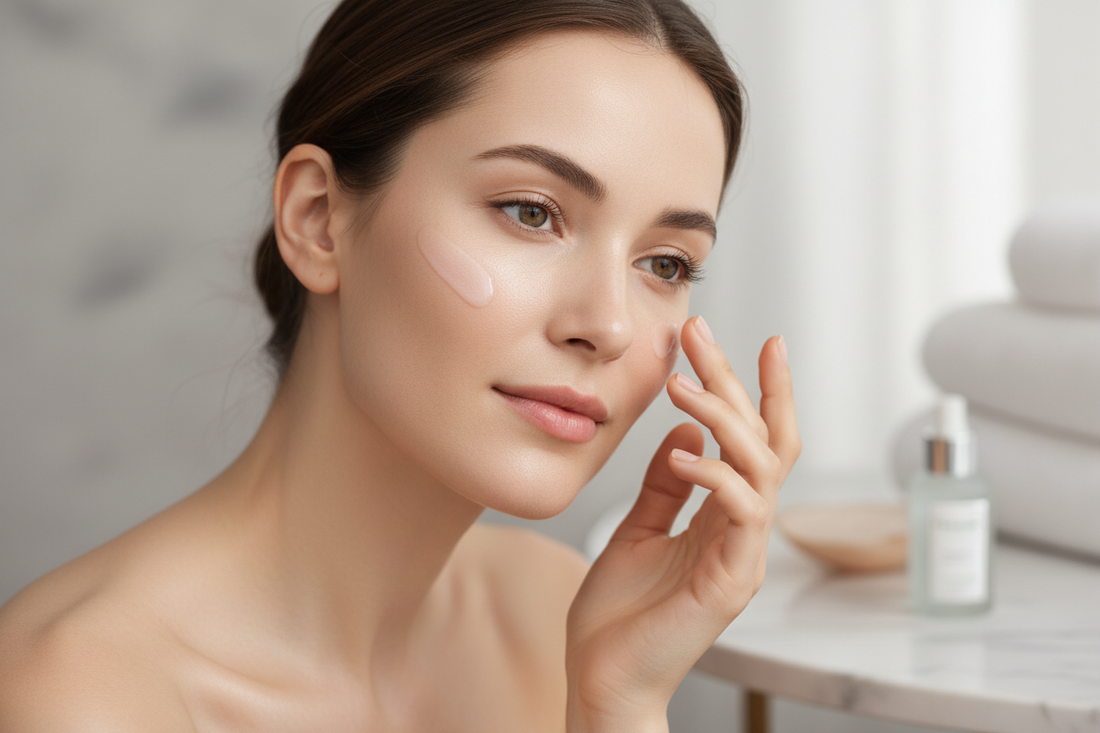 A woman applying a facial serum.