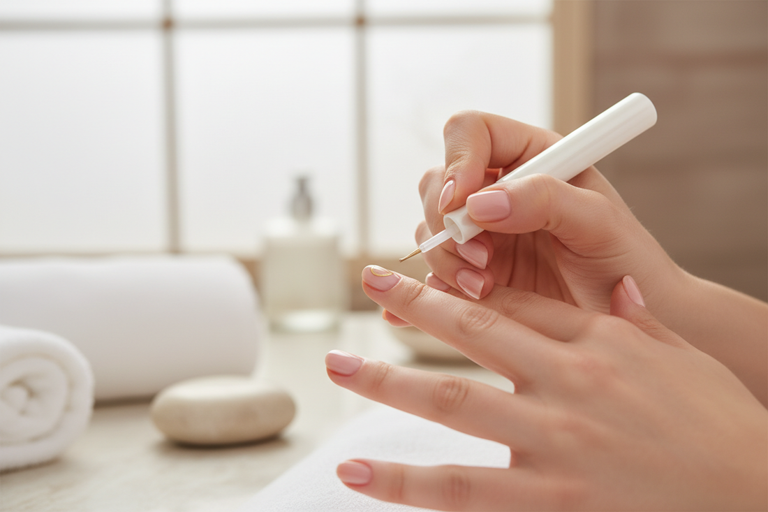 a person applying cuticle repair with a nail pen.