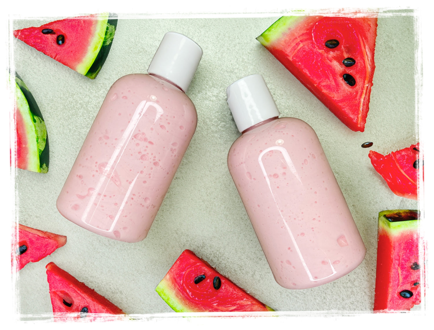 Bath Products. Image of watermelon body wash surrounded by watermelon slices.