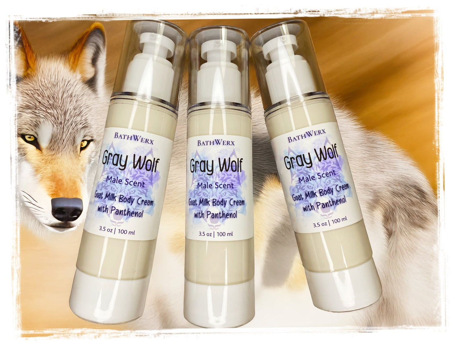 Three tubes of men's gray wolf body cream with a wolf in the background.