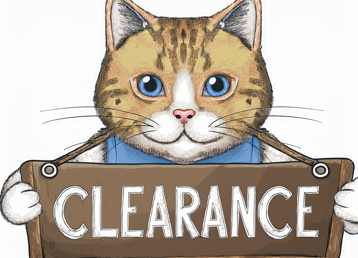 Watercolor cat holding a clearance sign.