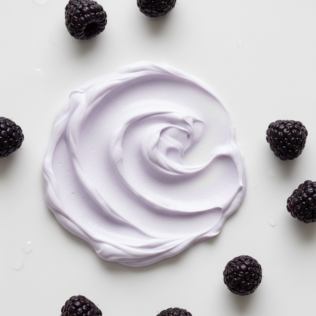 Intensive dry legs cream moisturizer swirled on a white background with scattered raspberries