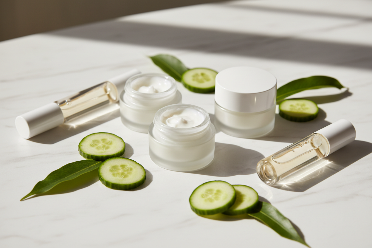 Eye care products including cream jars and roll-on serums with cucumber and botanical styling on white background