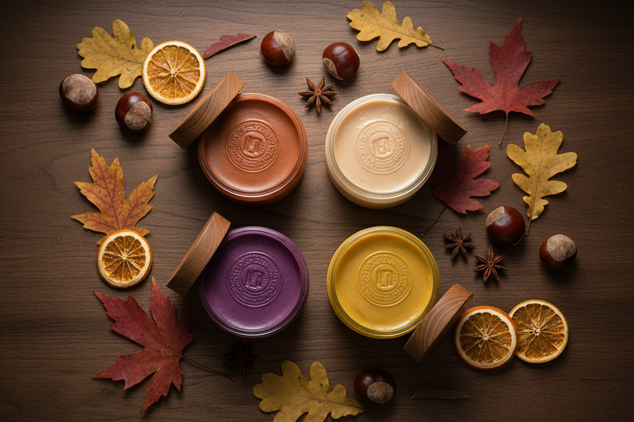 BathWerx fall body butters flat lay with autumn botanicals and warm seasonal tones