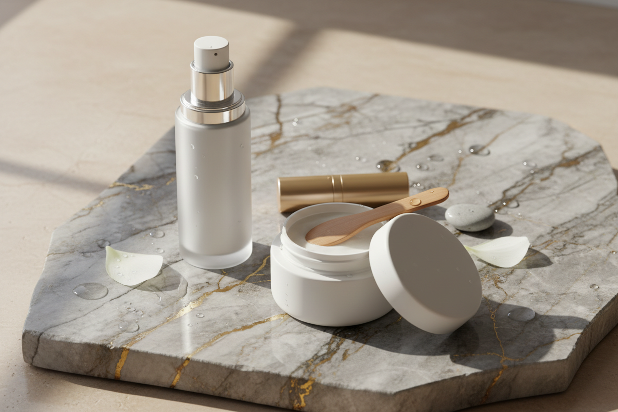 Makeup and skincare products including cleansing balm, illuminating cream, and lip balm on natural stone surface