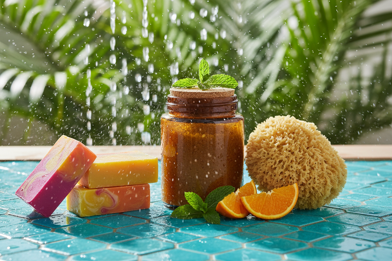 Artisan soap and body scrub shower products on turquoise tile with citrus and fresh herbs