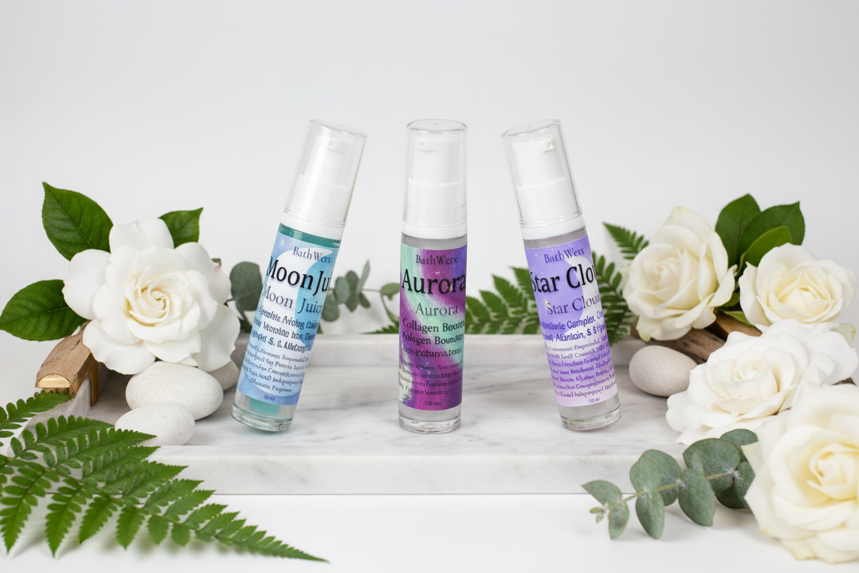 Premium face serums in tubes displayed on luxury tray with sun motif background