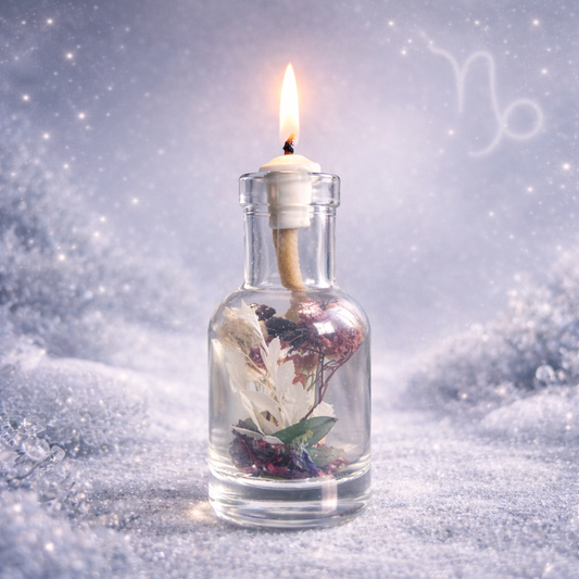Glass bottle with a lit candle inside, surrounded by flowers on a snowy background