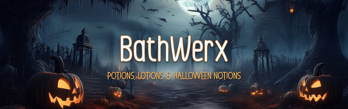 Halloween banner with glowing jack-o’-lanterns in a moonlit graveyard and the words “Potions, Lotions & Halloween Notions.