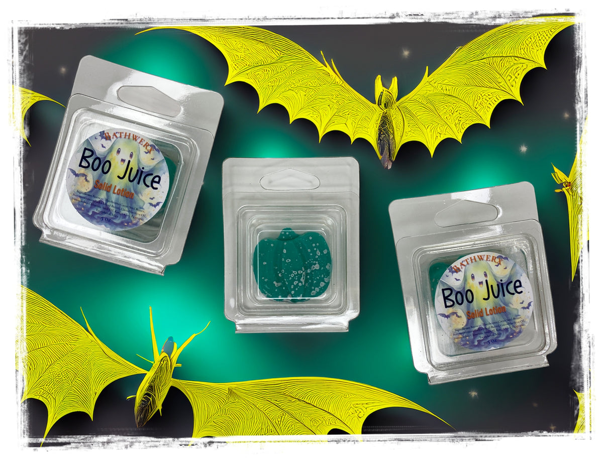 Boo Juice solid lotion bar with a playful Halloween design, handmade by BathWerx.