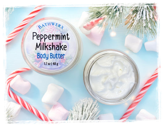 Bathwerx Peppermint Milkshake Body Butter with candy canes and marshmallows on a light blue background